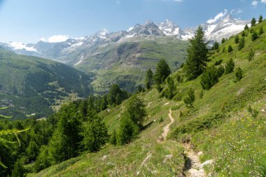 Rifelalp yakınlarındaki İsviçre Alplerinde yürüyüş parkurunda, Zermatt Switzerla