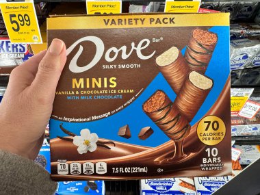 Fairfax, Virginia - 1 Şubat 2025 El Dove Mini Vanilla ve Chcoolate dondurması tutuyor.