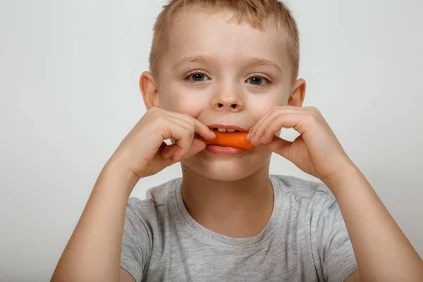 Little Boy Biting Carrot Isolated White Concept Learning Good Vision Stock Picture