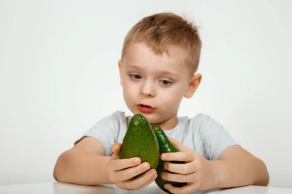 Healthy Food Vegetarianism Boy Showing Avocado Thumb Close Isolated Avocado — Stock Photo, Image
