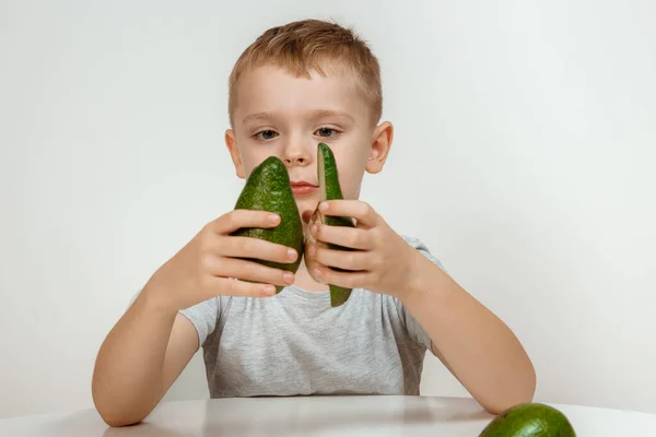 Healthy Food Vegetarianism Boy Showing Avocado Thumb Close Isolated Avocado — Stock Photo, Image