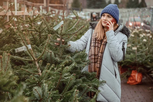 エレガントな女の子はクリスマスツリーを購入します 陽気な女性はクリスマスツリーと一緒に立っている間に電話で話します クリスマスツリーに立っている間 携帯電話を使用して若い女性 新年の気分と小売のアイデア — ストック写真