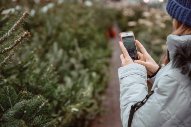 Zarif bir kız Noel ağacı alır. Neşeli kadın Noel ağacının yanında dikilirken telefonda konuşuyor. Genç bir kadın Noel ağacıyla dikilirken telefonu kullanıyor. Yeni yıl ruhu ve perakende fikri.