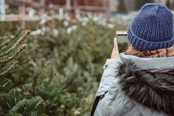 Zarif bir kız Noel ağacı alır. Neşeli kadın Noel ağacının yanında dikilirken telefonda konuşuyor. Genç bir kadın Noel ağacıyla dikilirken telefonu kullanıyor. Yeni yıl ruhu ve perakende fikri.