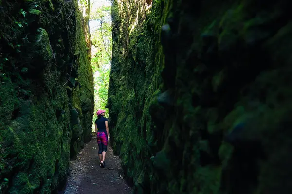 Mombacho yanardağının ormanında dar patikada yürüyen bir dişi turist.