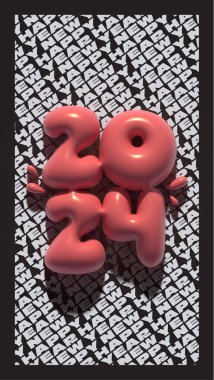 2024 Alfabe numarası 3D. Balon Balonu Etkisi. Tipografik pembe renk.