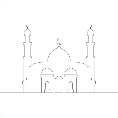 Bir çizgi sanat camisi, asgari çizgi sanat tasarımı. Arap Müslüman mescit binası. Clip sanatı bayram dini.