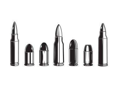 Çeşitli türde mermilerin cazibesi. Tek renkli klasik dövme stili. Vektör tasarım ögesi.