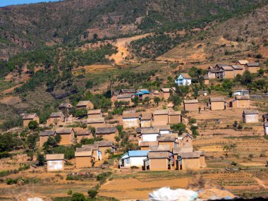 Small villages with typical brick houses in the surrounding valley. Ranomafana, Madagascar
