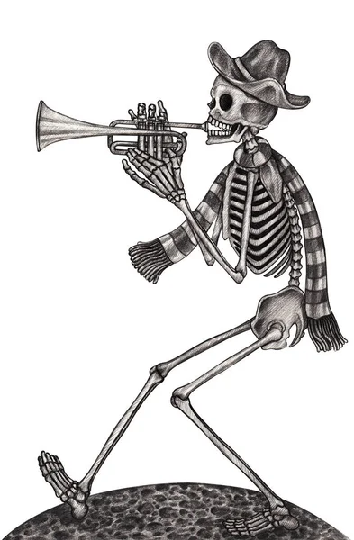 Umělecká Lebka Hraje Trumpetu Den Smrti Ruční Kresba Papíře — Stock fotografie