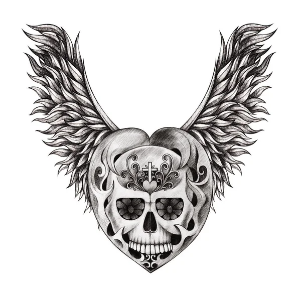 Art Wings Angel Mix Fancy Heart Skull Tattoo Hand Drawing — Stock Photo, Image