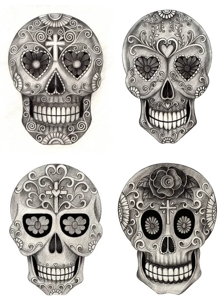 Art Pôs Quatro Crânios Dia Dos Mortos Desenho Manual Sobre — Fotografia de Stock