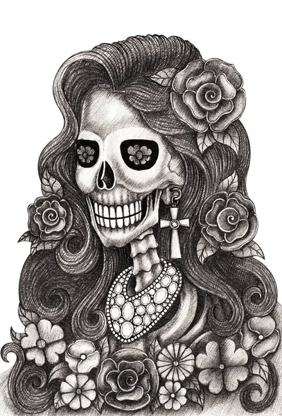 Art Fashion Model Skull Day Dead Hand Drawing Paper — Stock Photo, Image