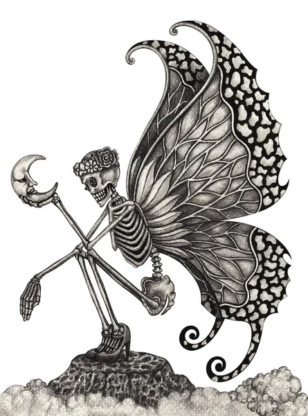 Art Fantasy Pillangó Koponya Kézrajz Papírra — Stock Fotó