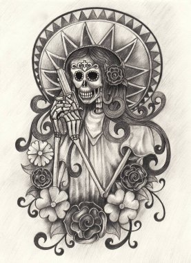 Art fancy skull day off the dead. Hand drawing on paper. clipart