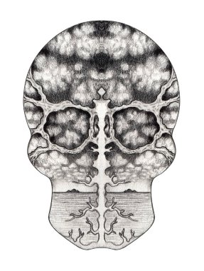 Sanat gerçeküstü kafatası. Kağıda el çizimi.