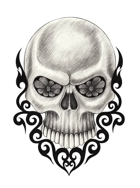 Arte Fantasía Cráneo Tatuaje Dibujo Mano Sobre Papel —  Fotos de Stock