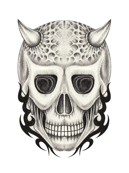 Arte Fantasía Diablo Cráneo Tatuaje Dibujo Mano Sobre Papel — Foto de Stock