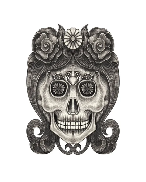 Arte Chica Elegante Cráneo Día Los Muertos Dibujo Mano Sobre — Foto de Stock