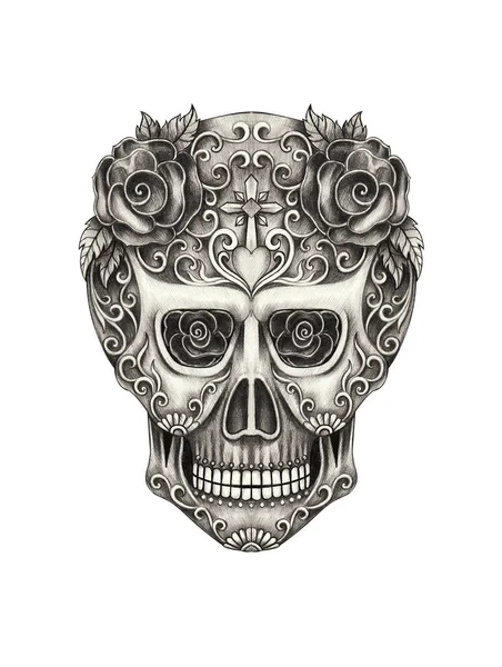 Arte Elegante Cráneo Día Los Muertos Dibujo Mano Sobre Papel — Foto de Stock