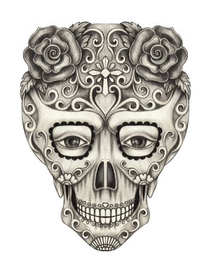 Art fancy skull day of the dead. Hand drawing on paper.