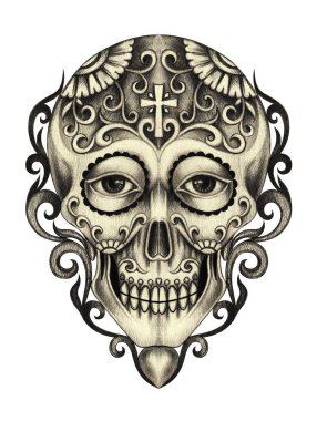 Art fancy skull day of the dead. Hand drawing on paper.