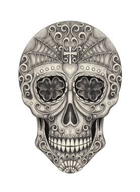 Art fancy skull day of the dead. Hand drawing on paper.