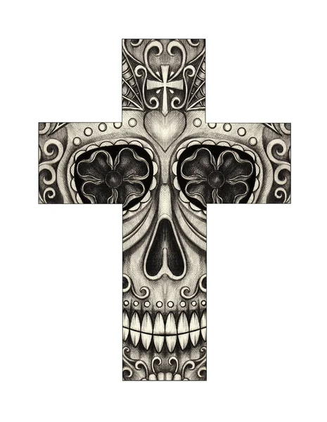 Art Fancy Skull Cross Hand Drawing Paper — Stock Photo, Image