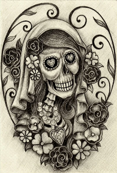 Sztuka Fantazyjna Kobieta Dzień Czaszki Zmarłych Rysunek Ręczny Papierze — Zdjęcie stockowe