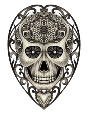 Sanat eseri kalp, kafatası dövmesi. Kağıda el çizimi.