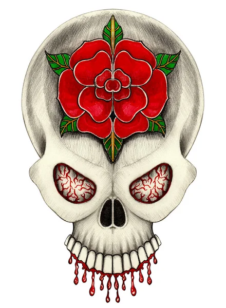 AArt fancy skull tattoo. Hand drawing and painting on paper.