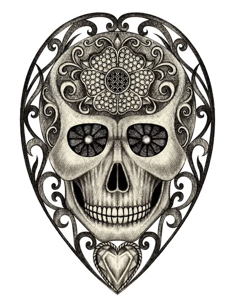 Art Vintage Heart Mix Skull Tattoo Hand Drawing Paper — Stock Photo, Image