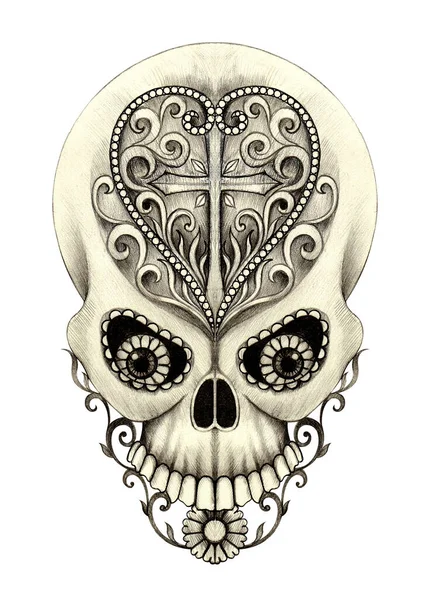 Vintage Heart Mix Skull Tattoo Hand Drawing Paper — Stock Photo, Image