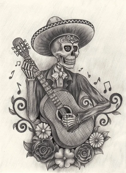Calavera Tocando Guitarra Día Muerte Dibujo Mano Sobre Papel — Foto de Stock