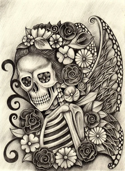 Fantasia Dia Crânio Anjo Dos Mortos Desenho Mão Sobre Papel — Fotografia de Stock