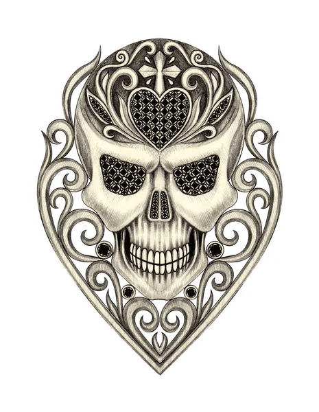 Art Vintage Mix Skull Tattoo Hand Drawing Paper — Stock Photo, Image