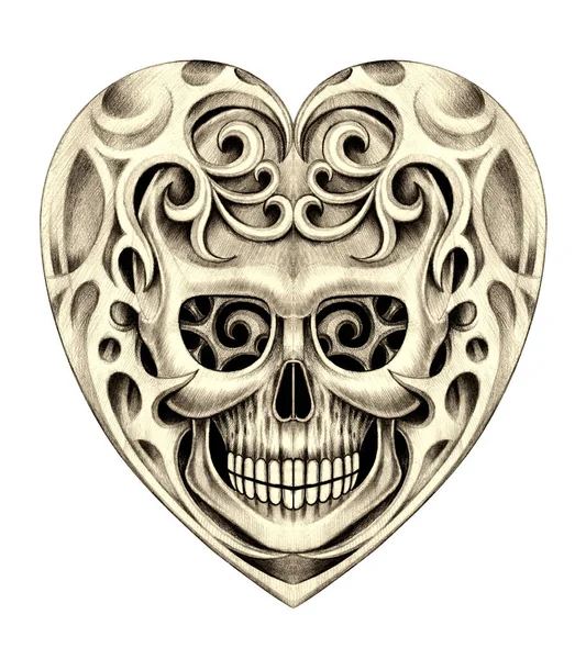 Tatuaje Del Cráneo Del Corazón Dibujo Mano Sobre Papel — Foto de Stock