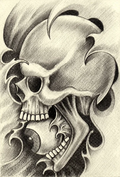 超现实头骨纹身手绘在纸上 — 图库照片