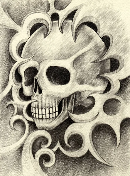 Cráneo Surrealista Tatuaje Mano Dibujo Sobre Papel —  Fotos de Stock