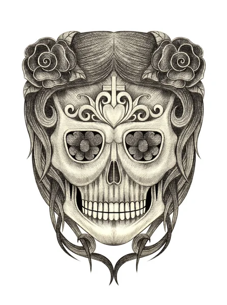 Chica Cráneo Día Mano Muerta Dibujo Sobre Papel — Foto de Stock