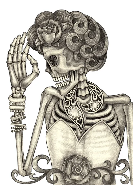 Moda Fantasia Modelo Crânio Dia Mão Morta Desenho Papel — Fotografia de Stock