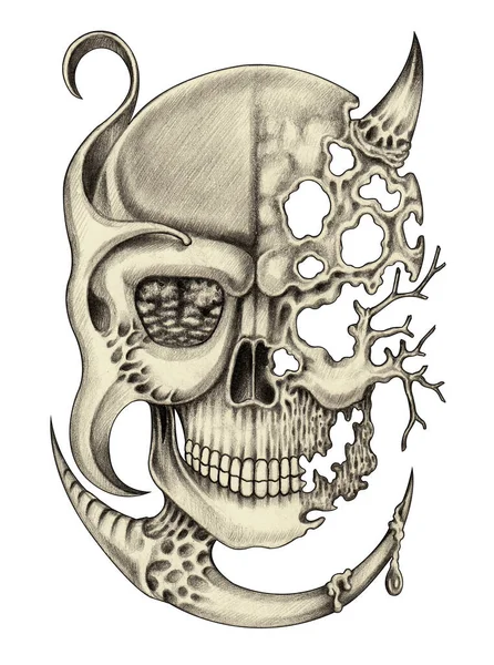 Arte Surreal Crânio Mão Desenho Sobre Papel — Fotografia de Stock
