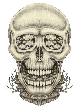 Gerçeküstü kafatası dövmeli el kağıda çizim yapıyor.