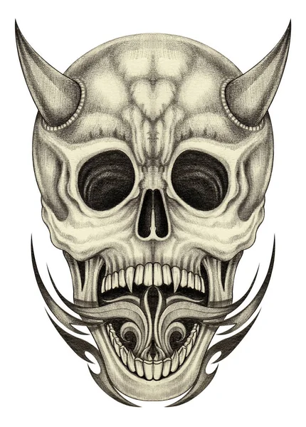 Diablo Surrealista Cráneo Tatuaje Mano Dibujo Sobre Papel — Foto de Stock