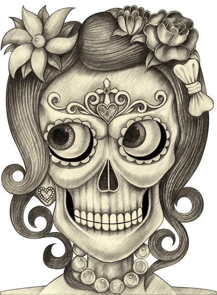 Chica Cráneo Día Mano Muerta Dibujo Sobre Papel — Foto de Stock