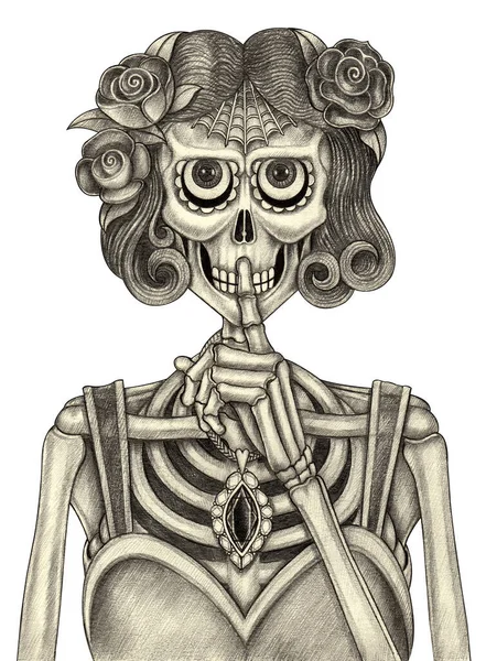 Modelo Cráneo Día Mano Muerta Dibujo Sobre Papel — Foto de Stock