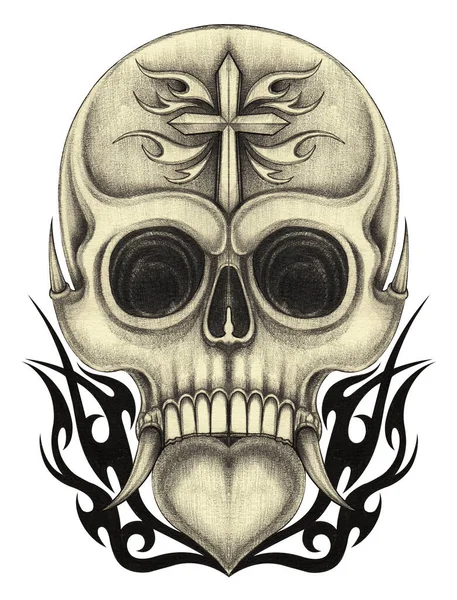 Dibujo Mano Del Tatuaje Del Cráneo Papel —  Fotos de Stock