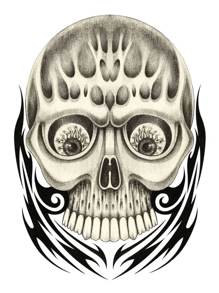 Cranio Tatuaggio Mano Disegno Carta — Foto Stock
