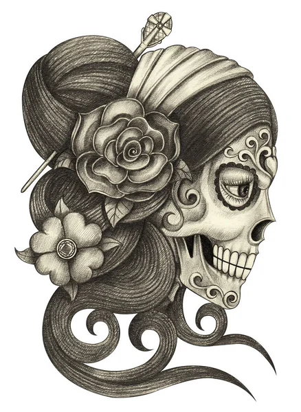 Ölü Elin Kağıt Üzerine Çizim Yaptığı Kadın Kafatası Günü — Stok fotoğraf