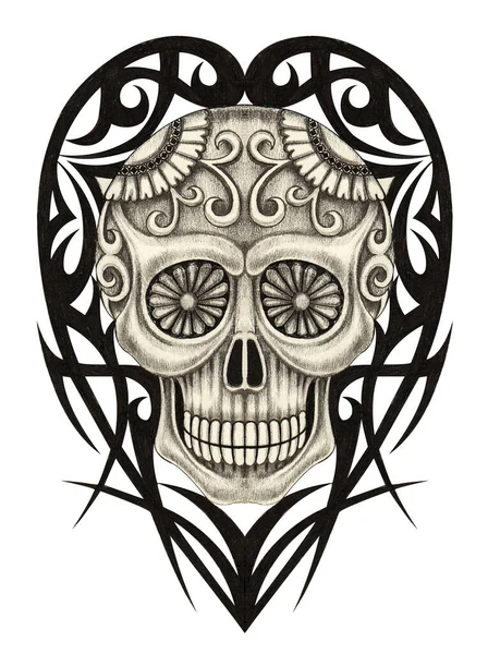 Fantasía Cráneo Corazón Tatuaje Mano Dibujo Sobre Papel — Foto de Stock
